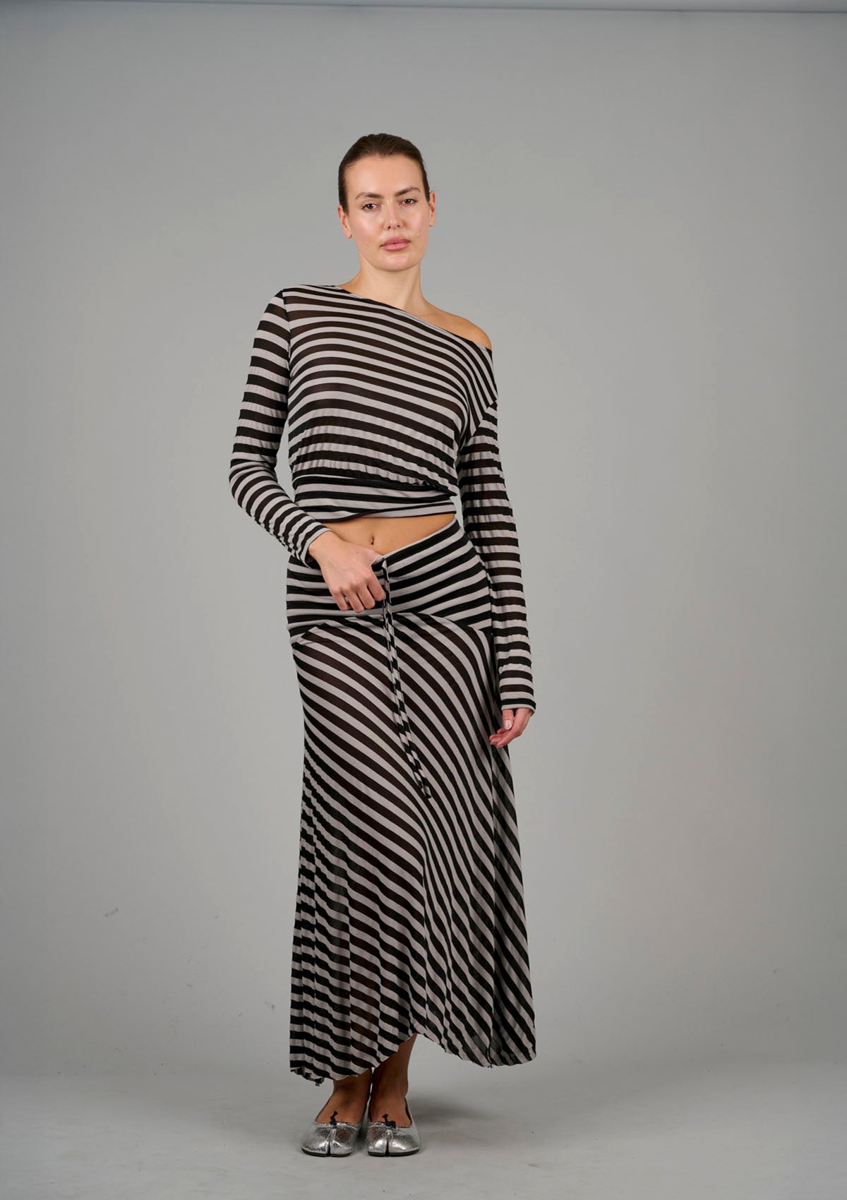 Alexa Striped Asymmetrical Skirt - Black / Nude