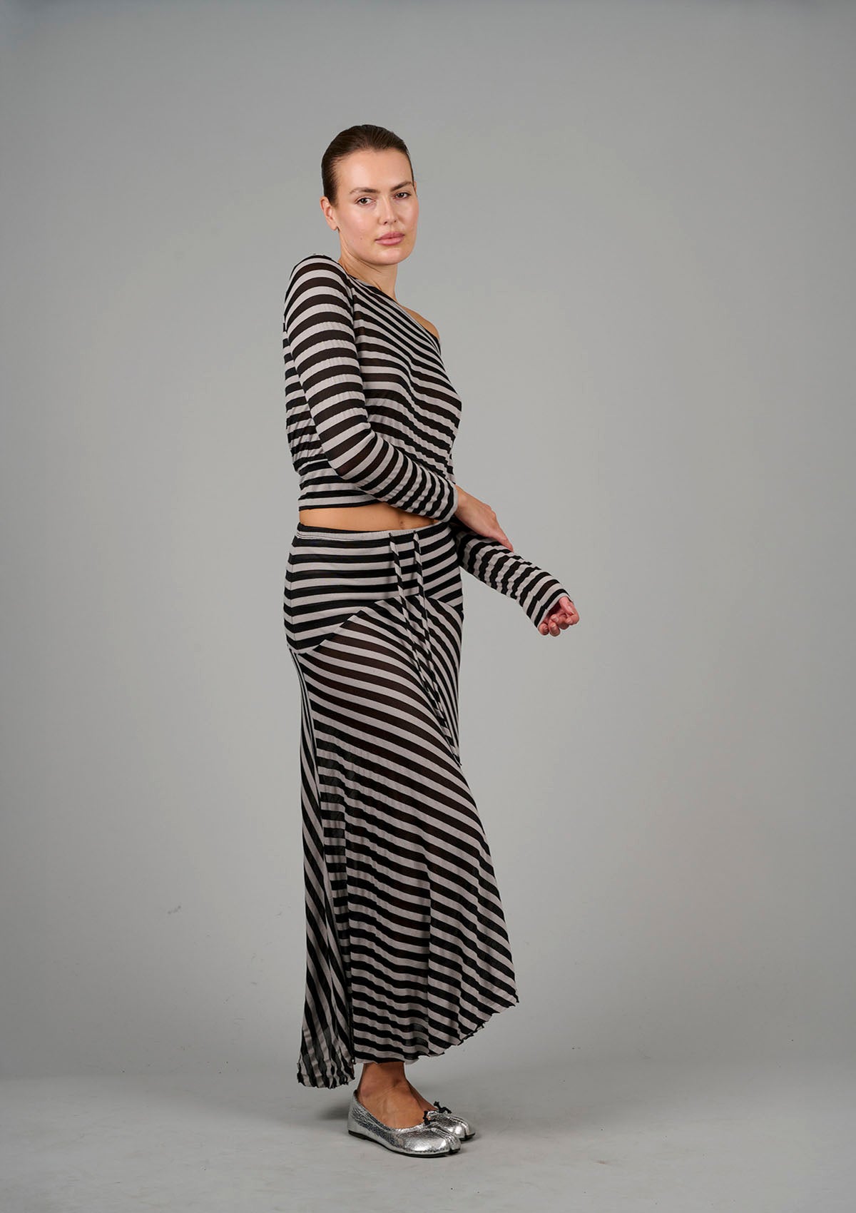 Alexa Striped Asymmetrical Skirt - Black / Nude