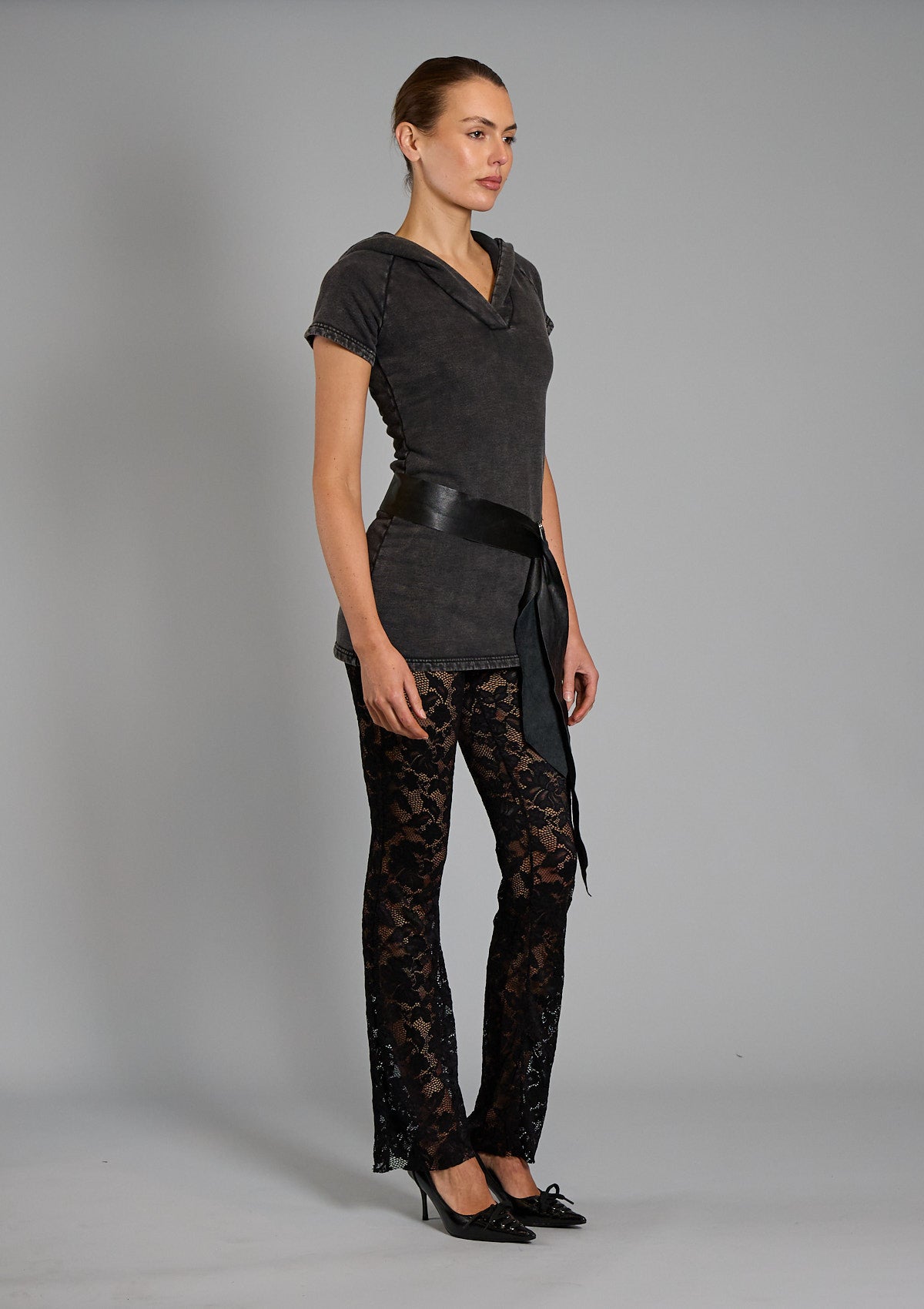 Taylor Hooded Cotton Fleece Dress- Black Acid Wash