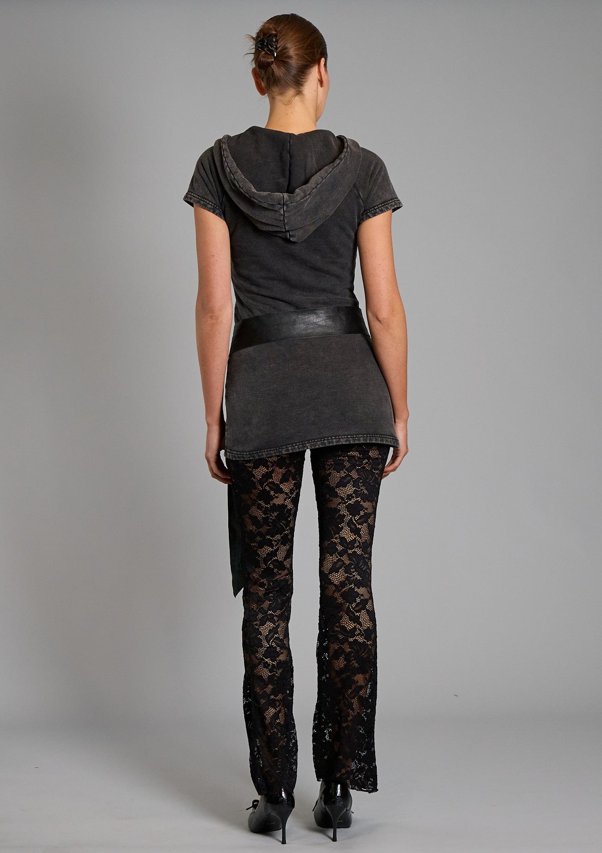 Taylor Hooded Cotton Fleece Dress- Black Acid Wash