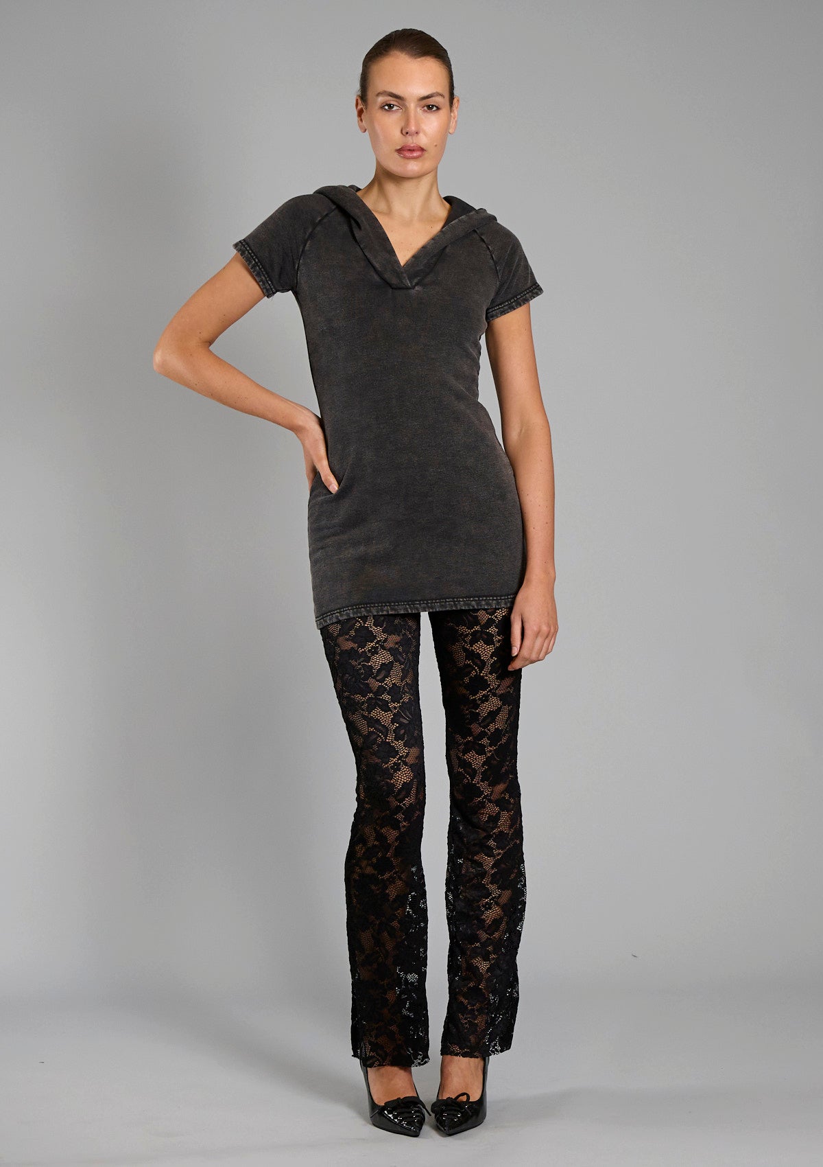 Taylor Hooded Cotton Fleece Dress- Black Acid Wash