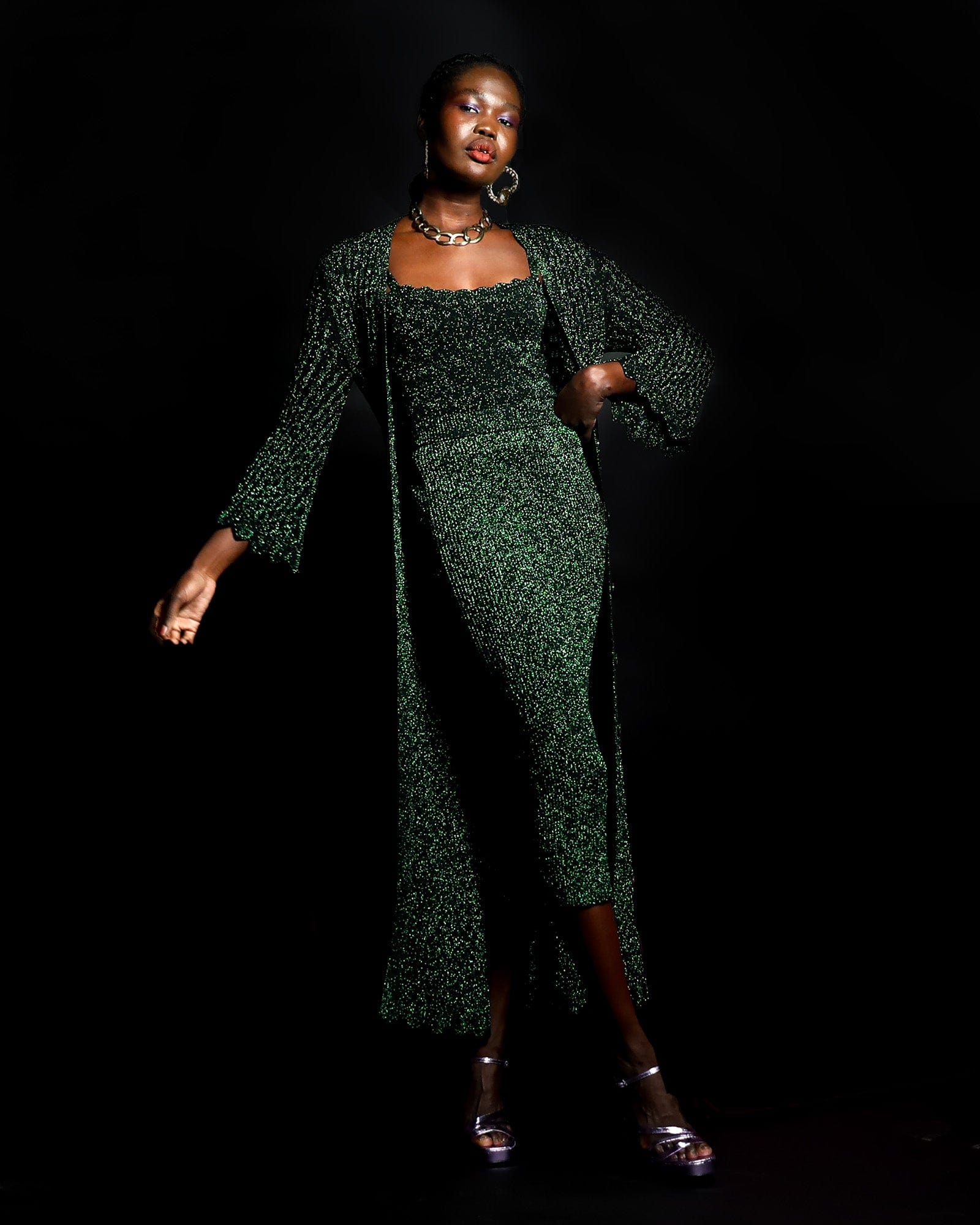 Roberta Lurex Cardigan Dress - Green